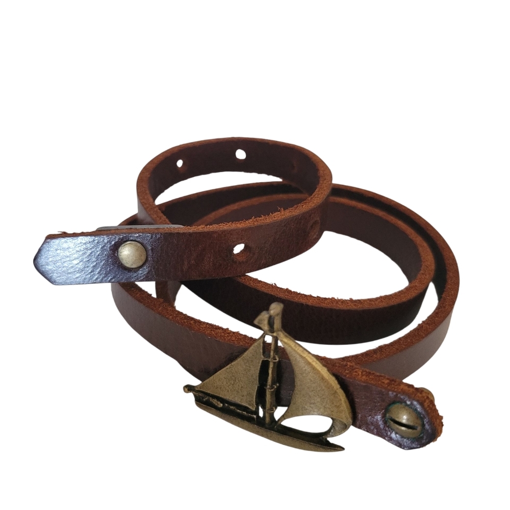 Vintage Style Leather Belt Sailboat Buckle Moss Mills S/M